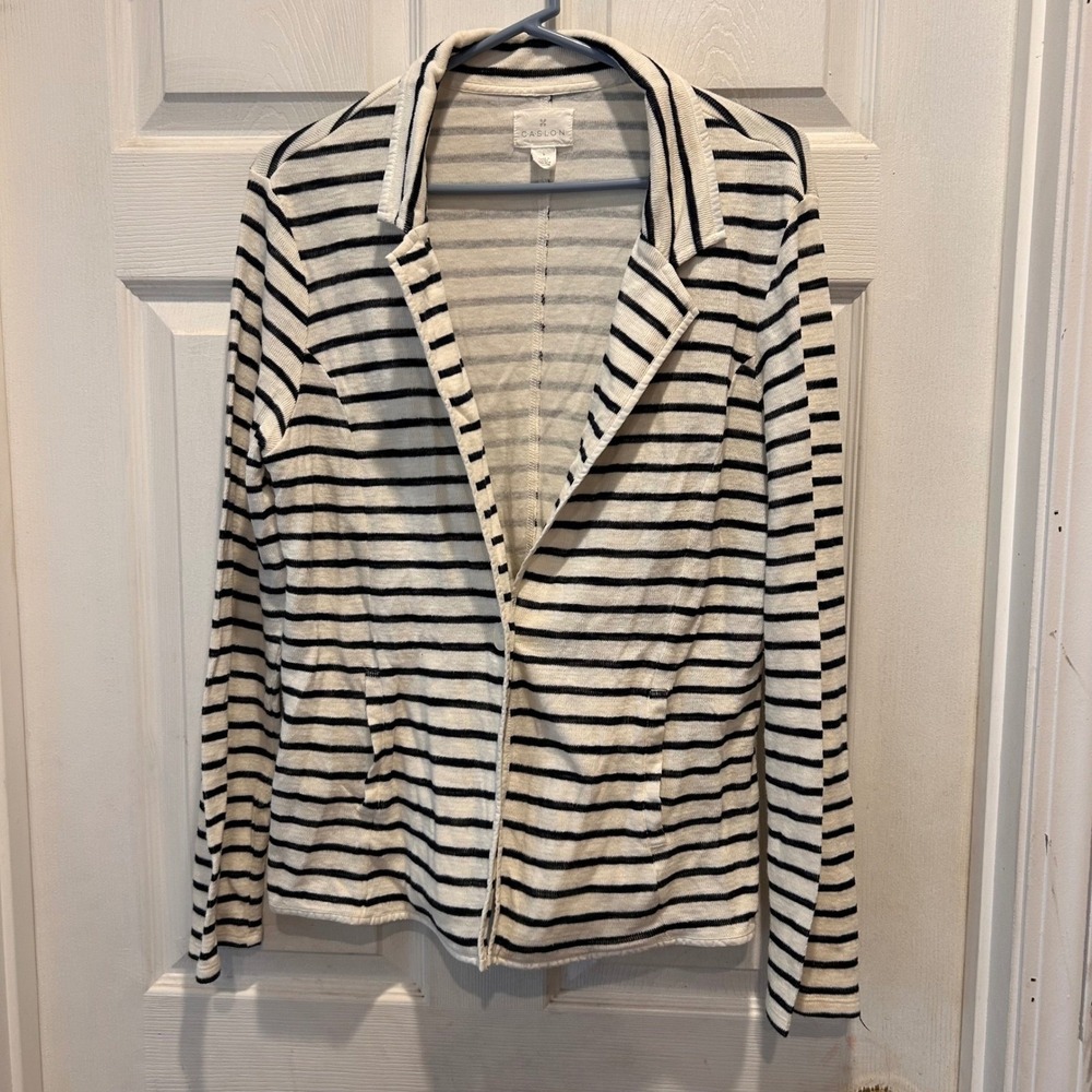 Caslon Womens Large White Black Striped Cotton Knit Blazer Single Button Jacket